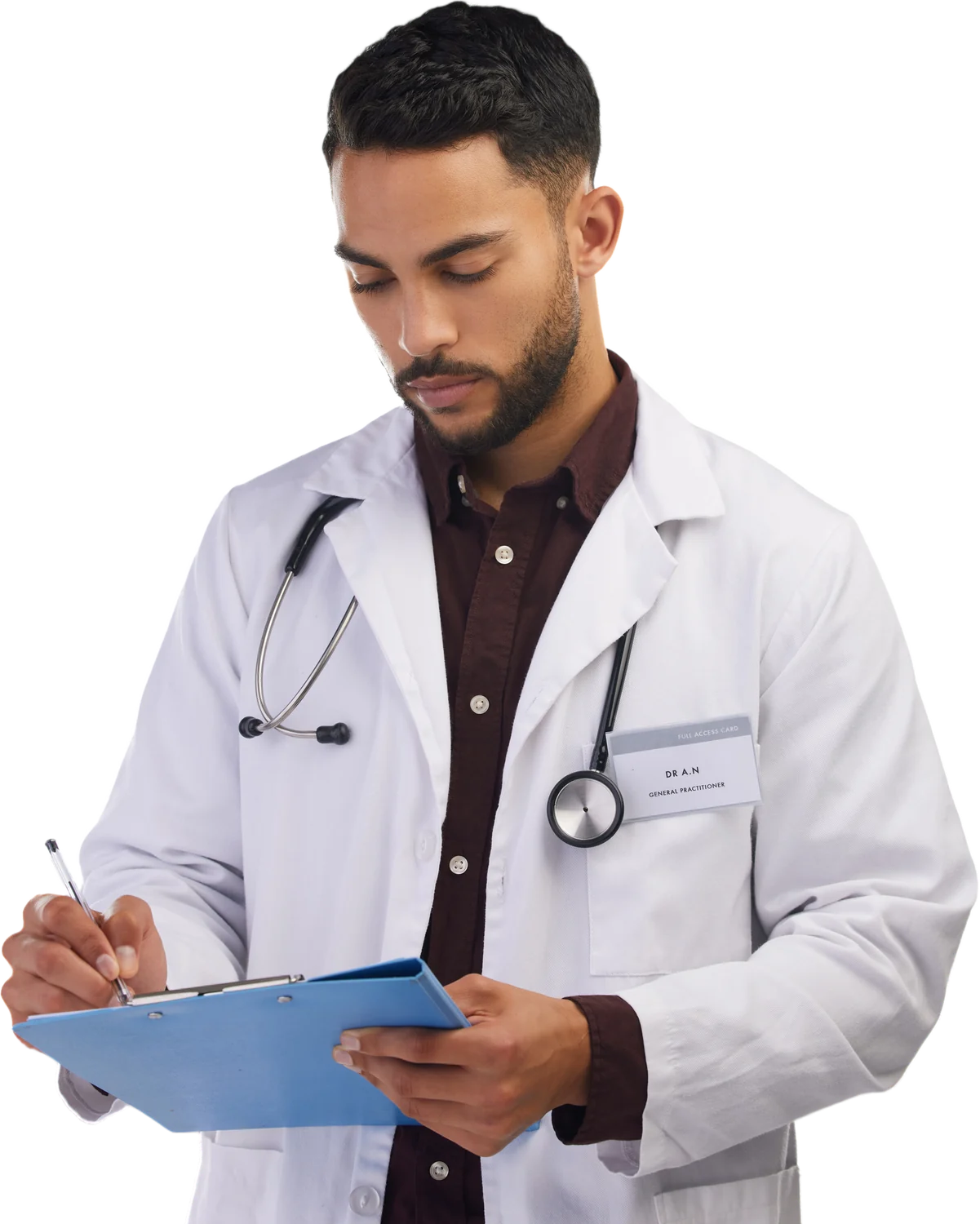 Médico tomando notas en su tablet